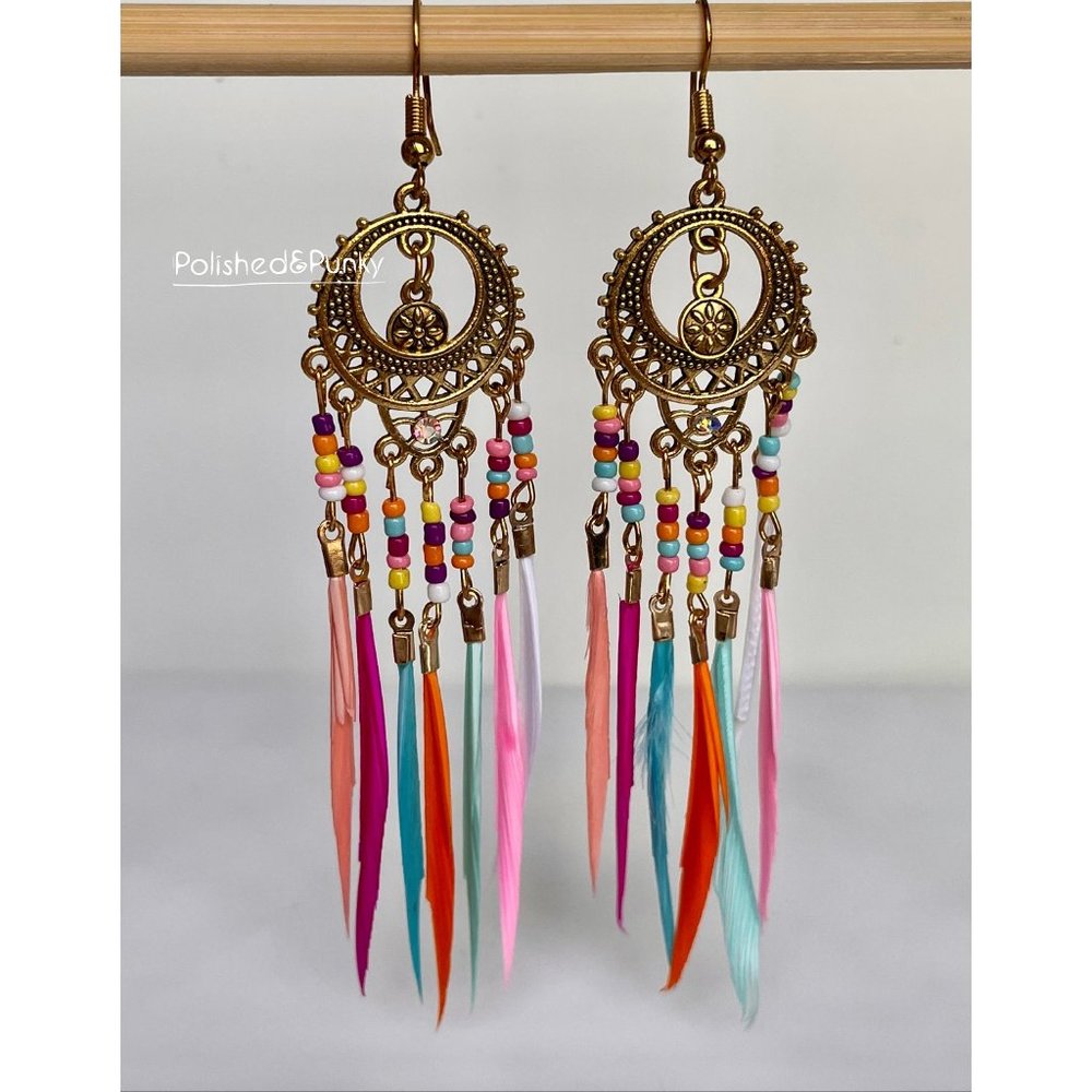 Feather Earrings ~ Bead Earrings ~ Festival  Earrings ~ Dangle Earrings in BOX